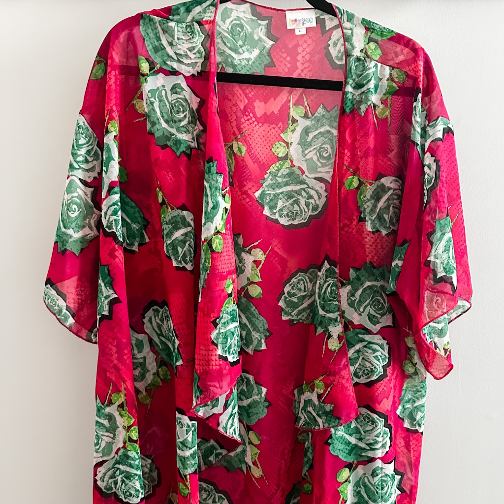 Lularoe | Monroe Kimono Sz L Fuchsia With Roses